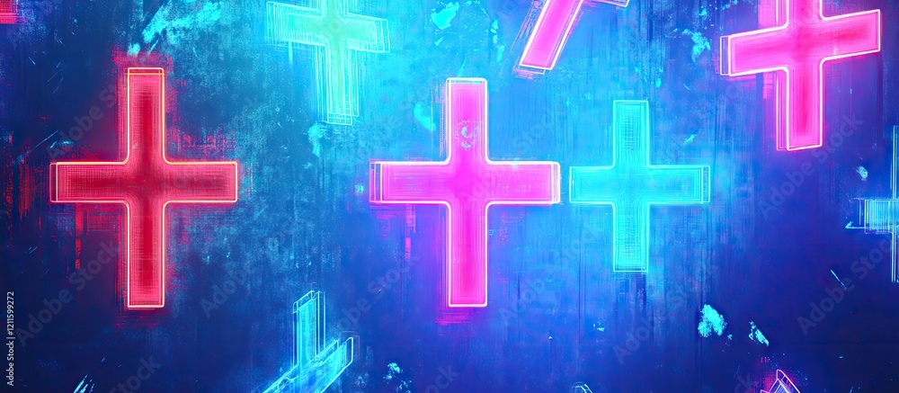 Poster vibrant neon plus signs in pink and cyan against a blue backdrop create a dynamic digital grid, evok