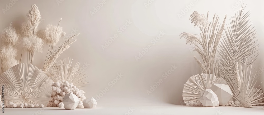 Aufkleber minimalistic white room background with textured 3d geometry and organic shapes arranged symmetrical