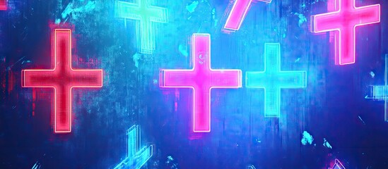 Obraz premium Vibrant neon plus signs in pink and cyan against a blue backdrop create a dynamic digital grid, evoking a retro-futuristic aesthetic.