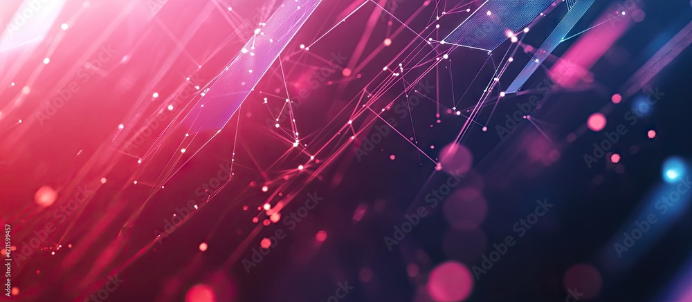 Poster dynamic abstract technology background with glowing pink and blue lines, interconnected nodes on a d