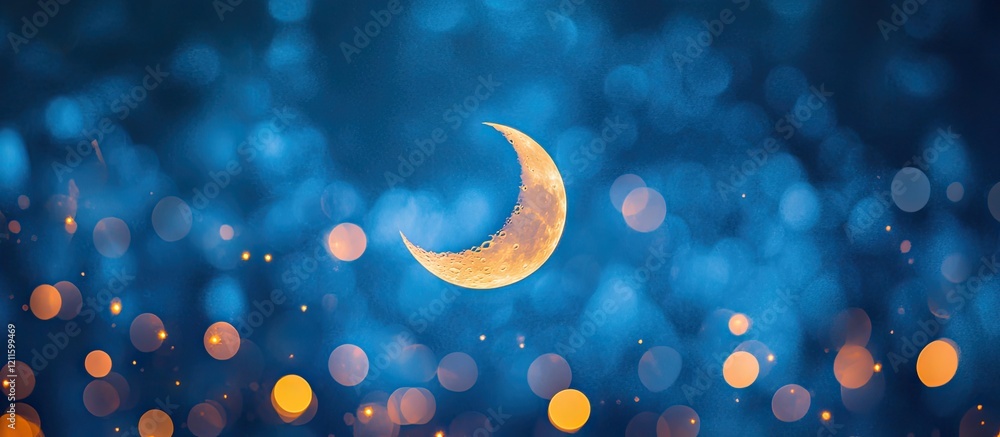 Aufkleber Crescent moon glows brightly in a night sky with blue bokeh circles in warm tones creating an enchanting celestial atmosphere in soft focus