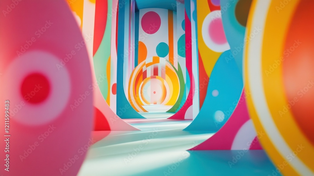 Poster abstract colorful corridor with circles and stripes in a repeating pattern