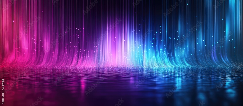 Poster dynamic abstract background with vertical wavy patterns in pink and blue hues, reflecting light over