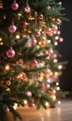 Delicate golden and pink fairy lights adorn a beautifully decorated fir tree with ornaments hanging from its branches, sparkle, holiday