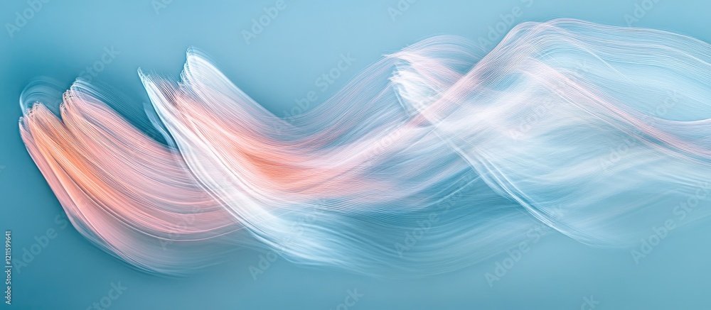 Fototapete abstract soft waves in pastel pink and white flowing gently across a light blue background, creating
