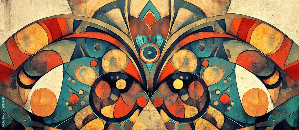 Aufkleber intricate byzantine designs in vibrant reds, blues, and oranges create a captivating abstract backgr