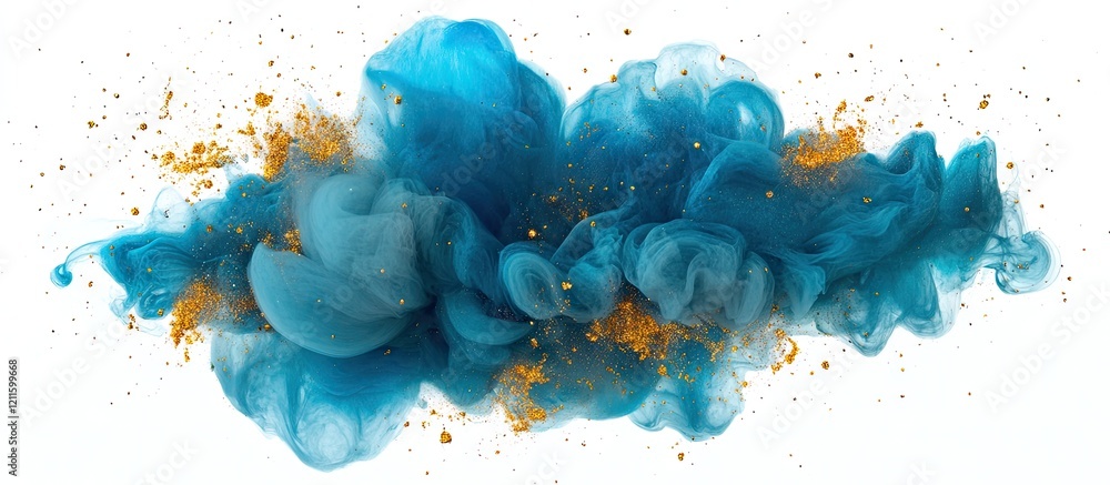 Leinwandbilder Turquoise and gold abstract smoke cloud with a soft texture against a white background creating a vibrant artistic explosion of color.