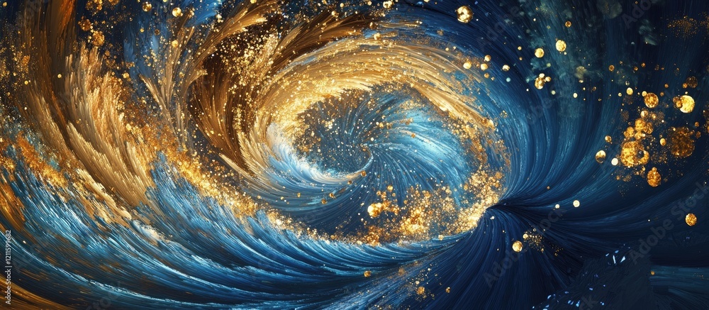Poster abstract artistic swirl of blue and gold tones with dynamic movement, featuring swirling patterns an