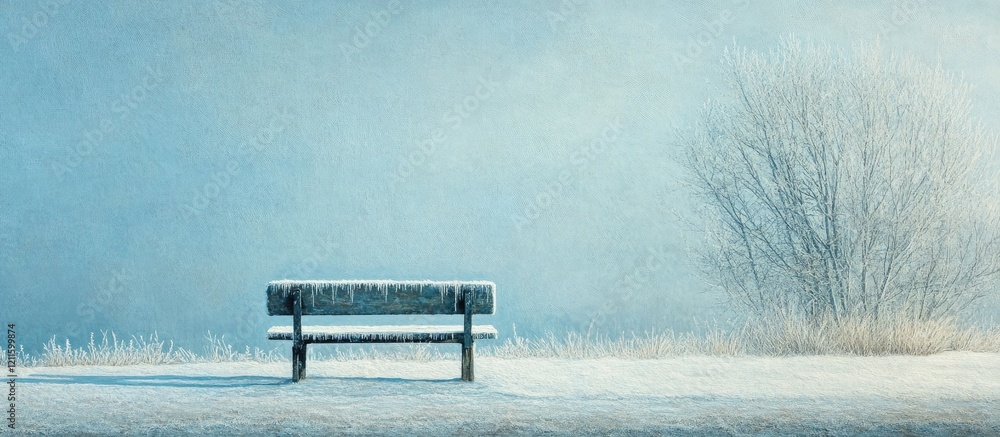 Poster solitary bench on a frost-covered surface against a soft blue winter background with a bare bush to 