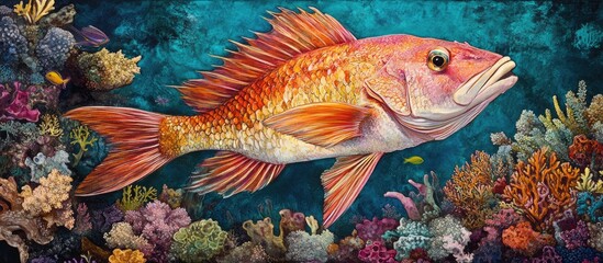 Naklejka premium Vibrant bump head snapper fish swimming elegantly in a colorful coral reef scene with rich blues and vibrant pinks and oranges throughout the underwater landscape