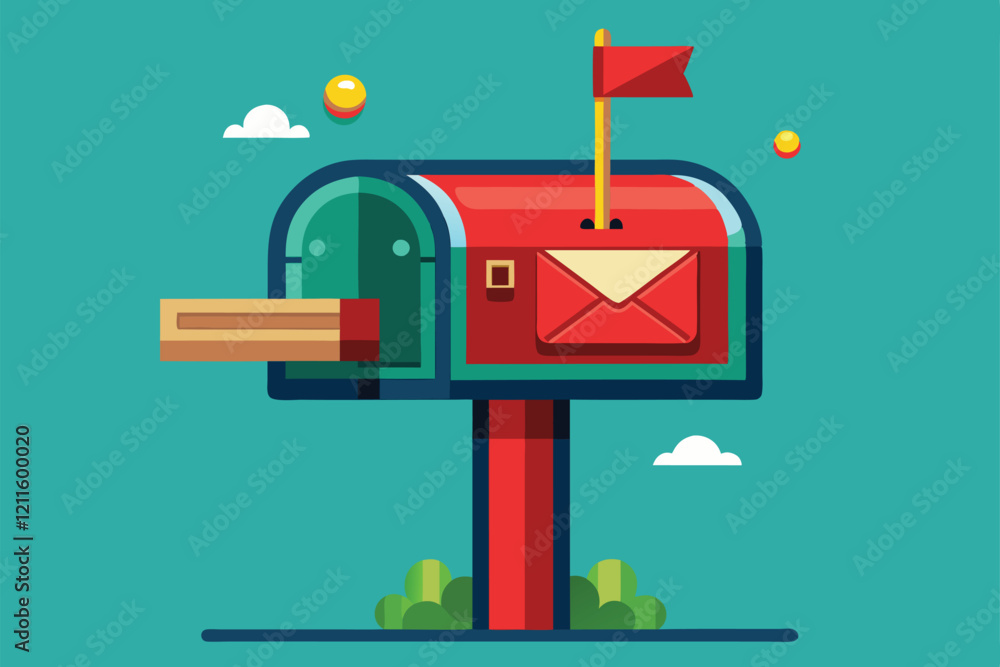 Poster a colorful mailbox design featuring a flag and an envelope, set against a bright, cheerful backgroun