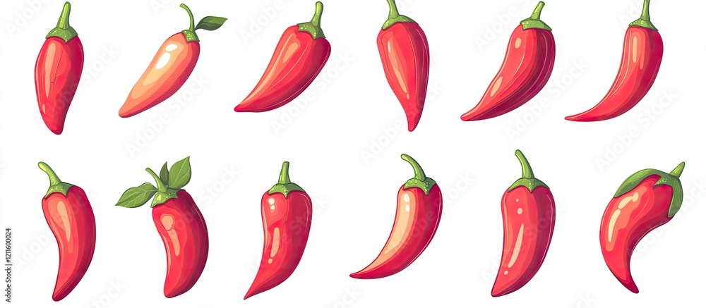 Poster vibrant collection of red chili peppers with green stems arranged in various positions against a cle