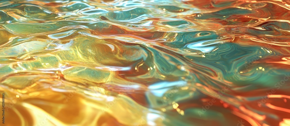 Poster holographic water surface with wavy texture in vibrant reddish and teal tones creating a mesmerizing