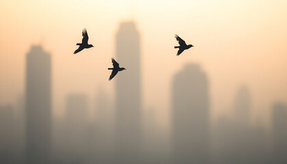 Silhouetted birds flying over a city skyline at sunset of PM 2.5 pollution.
