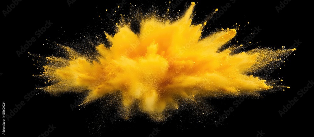 Poster Vibrant yellow powder explosion against a dark background creating dynamic motion and eye-catching visual impact with a burst of color.