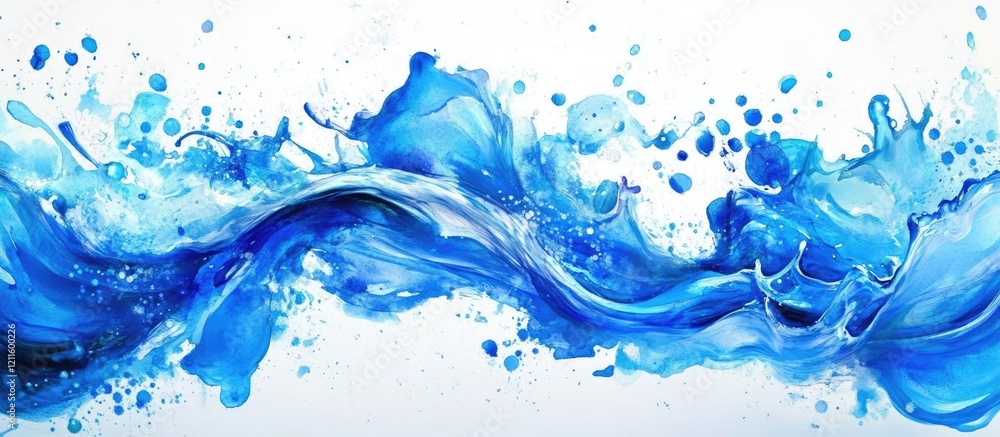 Poster Vibrant blue watercolor splashes on a white background create dynamic textures and fluid designs, perfect for creative projects and backgrounds.