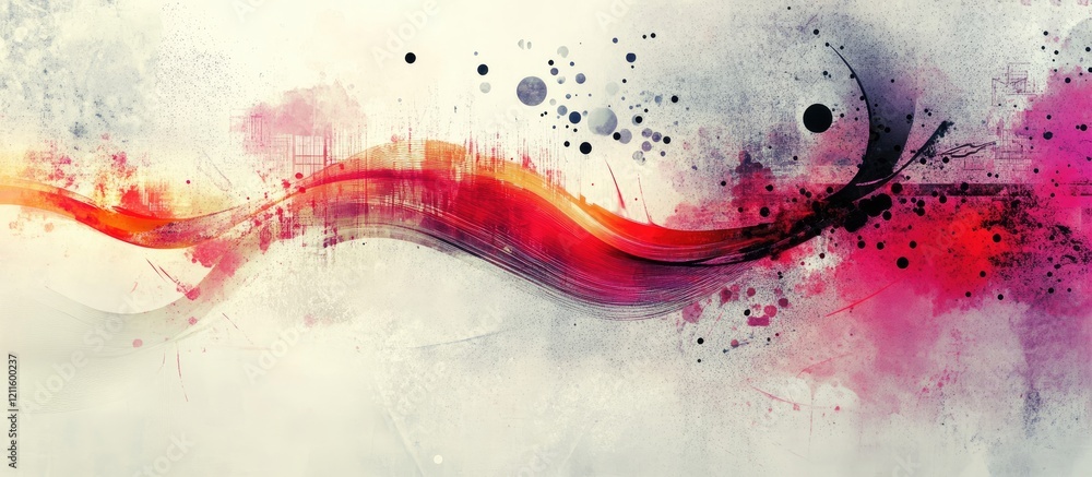 Poster vibrant abstract technology background with flowing red and pink waves on a soft gray backdrop, feat