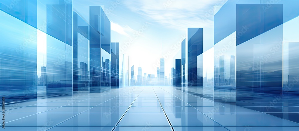 Aufkleber Blue abstract geometric composition of modern office skyscrapers with reflective glass surfaces and soft cloudy sky in the background
