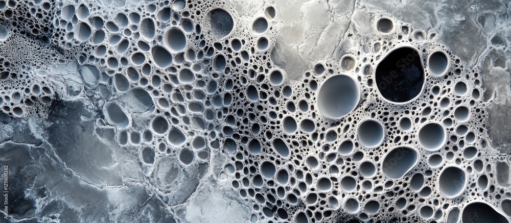 Aufkleber Aerial view of textured silvery grey soil with numerous dark circular holes creating an intricate pattern across the surface showcasing unique geology