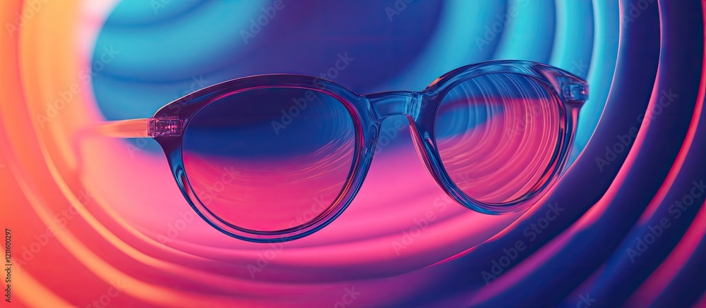 Leinwandbilder Stylish eyeglasses with transparent frames in the center, surrounded by a vibrant radial gradient of magenta and blue, creating a striking visual experience.