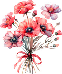 Obraz premium An illustration of a bouquet with red poppy flowers, green stems and leaves, tied with a red ribbon. Close-up, isolated on a white or transparent background, PNG. Spring floral bouquet