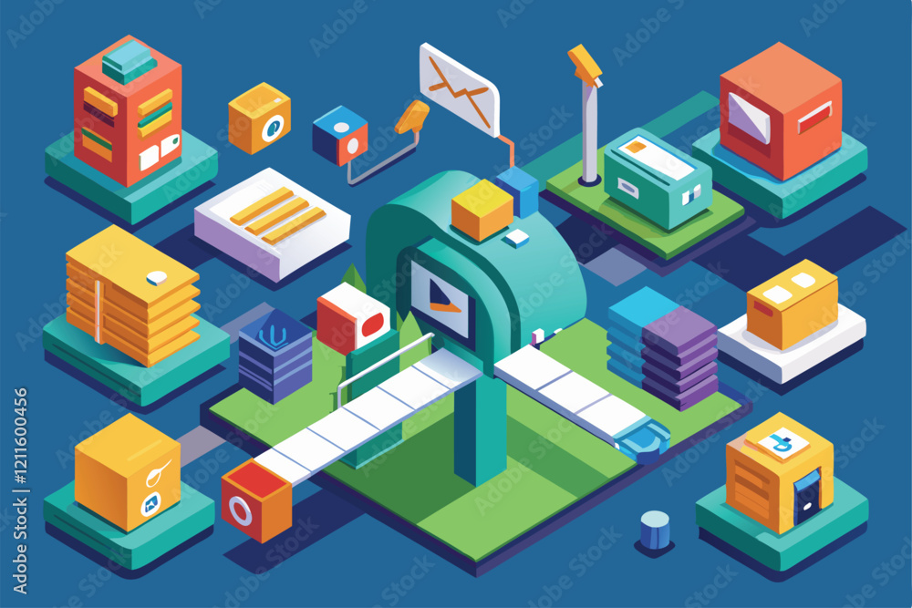 Poster a vibrant isometric design depicting a mail delivery system with various packages and a mailbox setu