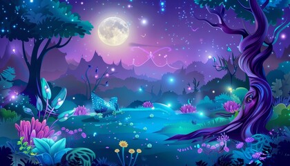 A magical forest scene with glowing flowers, a full moon, and fireflies.
