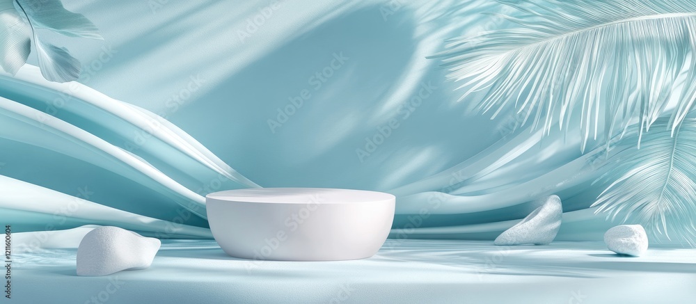Poster elegant 3d product mockup on serene pastel blue background with flowing fabric and soft palm leaf de