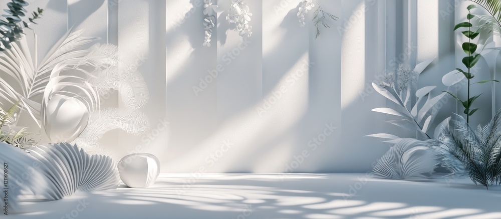 Aufkleber Minimalistic 3D white room with soft light, featuring geometric shapes and wall decorations alongside lush greenery in a serene composition.