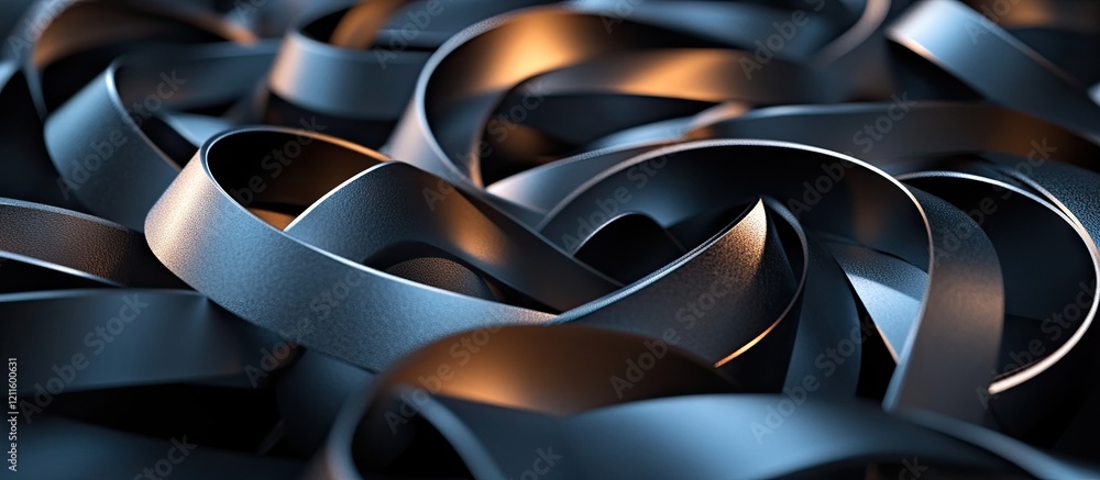 Poster dynamic steel curved lines in black and metallic tones intertwined with depth and intricate detailin
