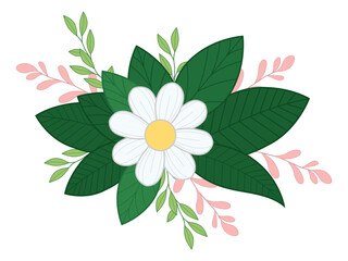 White flower bouquet and decorated leaves graphic element design. Vector illustration.