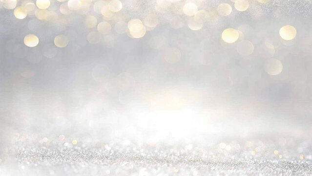 Blackground of abstract glitter lights. Silver and gold. De focused. Shimmering, festive glow in defocused motion, celebration bokeh on silver and gold sparkling background, blurred brilliance