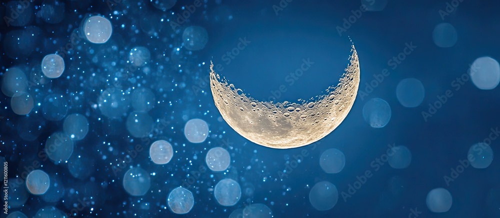 Poster Crescent moon glows in soft blue background with bright and soft blue bokeh circles creating a serene celestial atmosphere in night sky