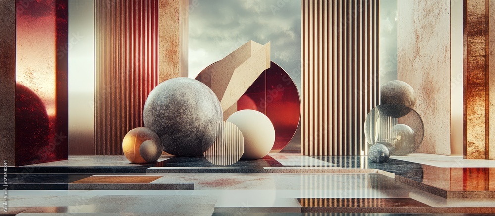 Leinwandbilder geometric shapes and textures in a futuristic setting with large spheres in warm tones of beige and 