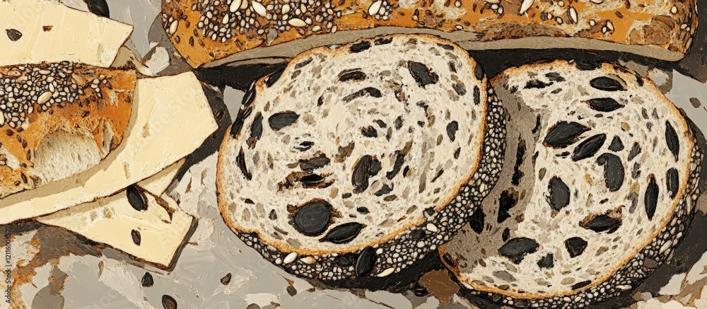 Aufkleber Detailed close-up of sliced multigrain bread with dark and light seeds on a textured background, showcasing the crust and crumb structure.