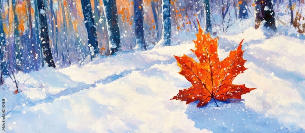 Poster vibrant orange autumn maple leaf on pristine white snow in a tranquil winter forest setting with sof
