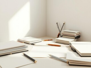 Diary papers and pens arranged artfully in a light-colored room, diary paper, workspace organization