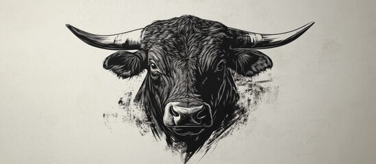 Black and white illustration of a bull head with prominent eyes centered, showcasing intricate details and unique features against a light background.