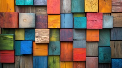 3d texture wooden background with various wooden panels in vibrant colors such as fiery orange, ocean blue, leaf green, and soft lavender. The panels are arranged in a patchwork style