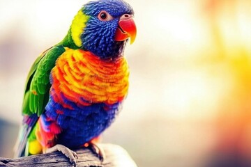 A colorful rainbow lorikeet perched on a branch, its plumage gleaming under the morning sunlight.