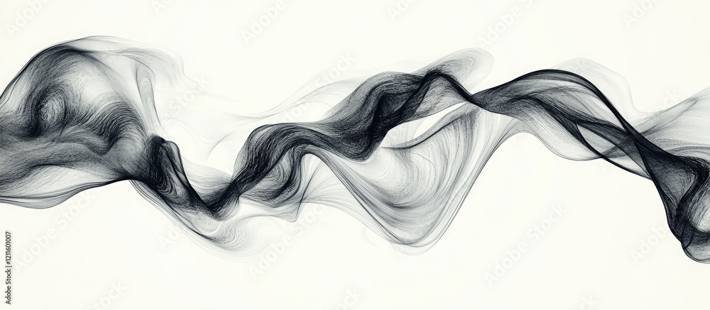 Poster dynamic abstract wave patterns in black and gray intertwine horizontally against a light background 