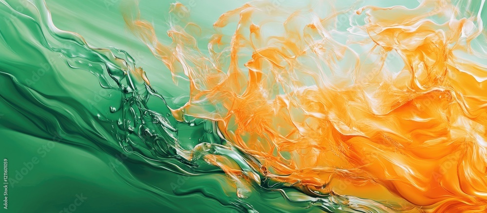 Poster Vibrant abstract wave with green and orange hues blending dynamically creating a sense of movement and energy throughout the composition.