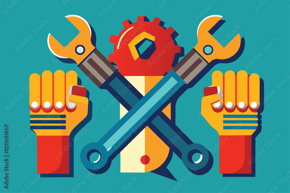 Poster two hands gripping wrenches cross over a colorful gear, emphasizing teamwork in engineering projects