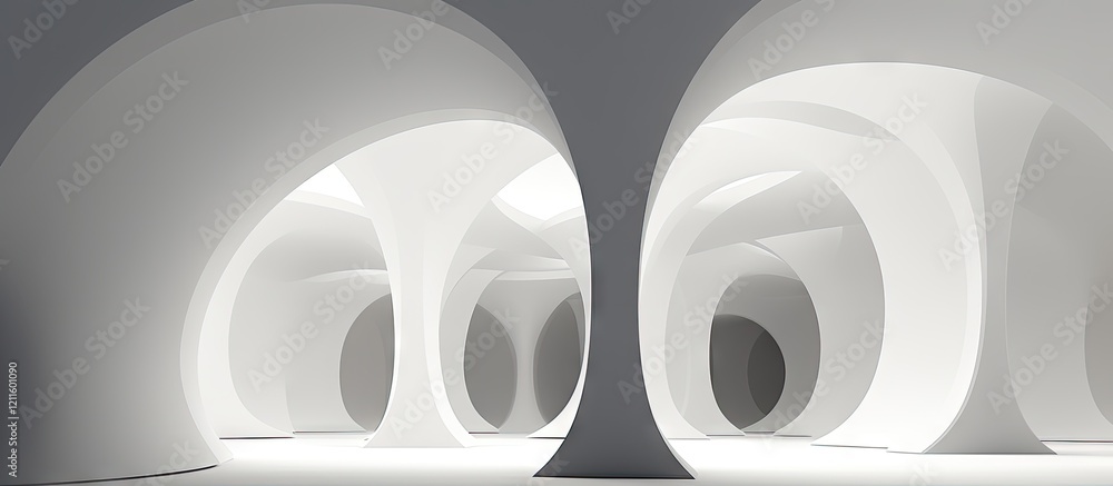 Poster abstract architectural interior with smooth white curves creating an open space, featuring soft ligh