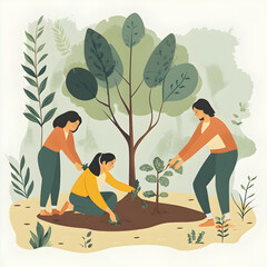 Planting a Future Together: Three diverse women collaborate, planting a young sapling near a mature tree.  A heartwarming illustration depicting environmentalism, community, and growth. 