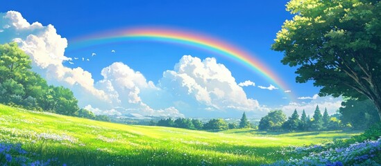 Fototapeta premium Vibrant rainbow arcs over a lush green pasture under a bright blue sky with fluffy white clouds creating a serene natural landscape scene