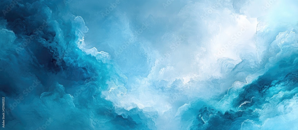 Poster Stunning panoramic sky background featuring ethereal blue and turquoise clouds with soft white highlights creating a tranquil atmosphere.