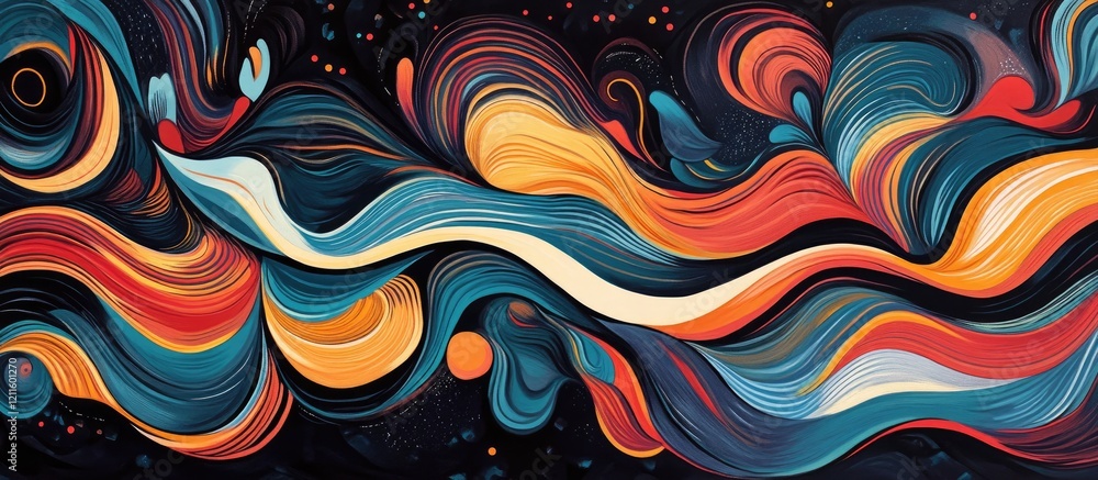 Aufkleber colorful abstract waves of orange, red, teal, and white on a deep black background creating a vibran