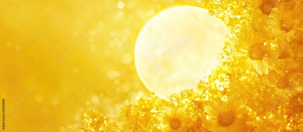 Poster golden sunlight illuminating a field of vibrant yellow flowers with a bright sun in the background c
