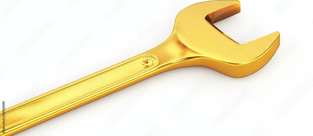 Poster shiny gold wrench elegantly isolated on a bright white background with a smooth, polished finish ref